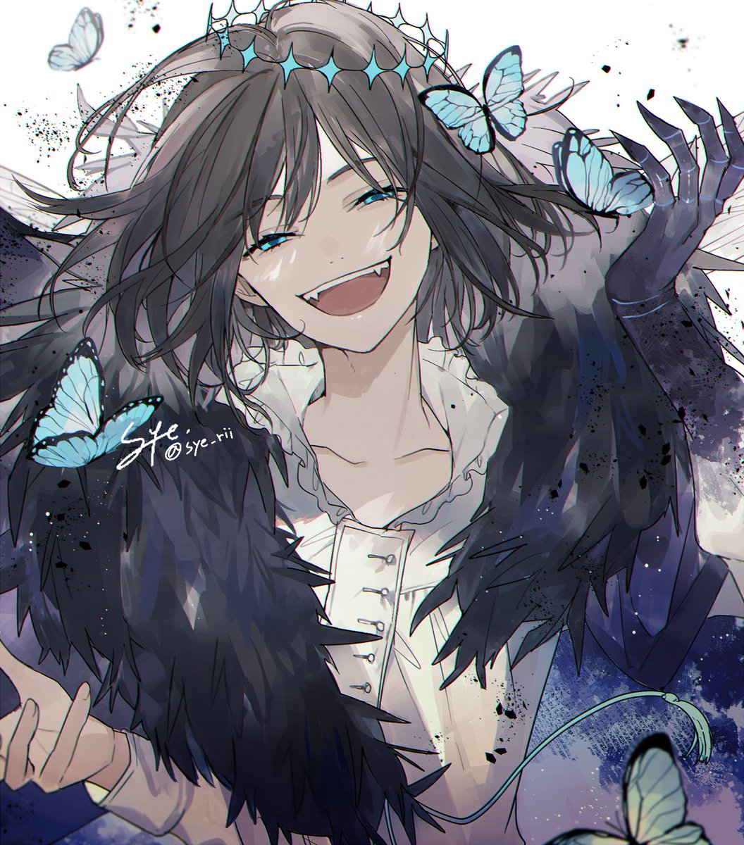 oberon (fate) 1boy bug male focus butterfly solo crown blue eyes  illustration images
