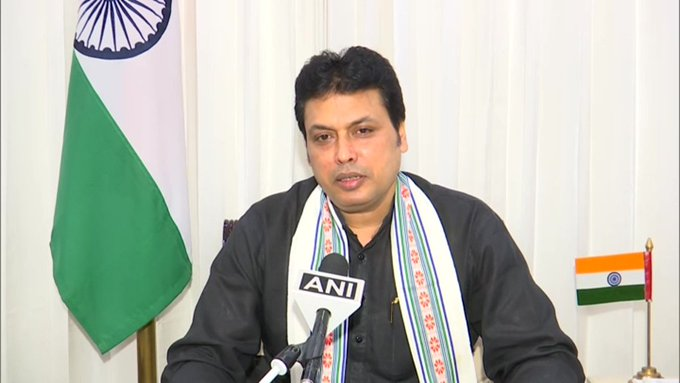 ANI's tweet photo. Tripura Chief Minister Biplab Kumar Deb resigns. 

(File pic) https://t.co/1WqdEiQqYC