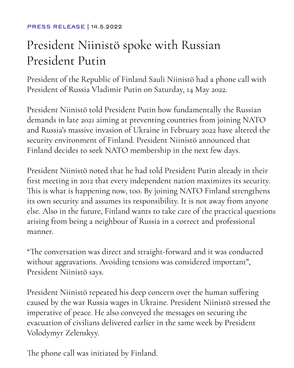 I spoke with Putin. The conversation was direct and straight-forward and it was conducted without aggravations. presidentti.fi/en/press-relea…