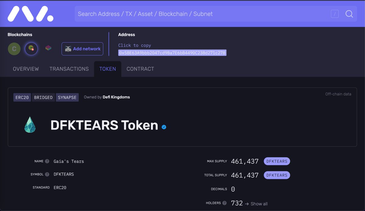AvascanExplorer's tweet photo. We recently added #DFKTEARS tokens to @DefiKingdoms subnet!
Never stop indexing!
#Avalanche #AVAX https://t.co/bU5ctqfTNE