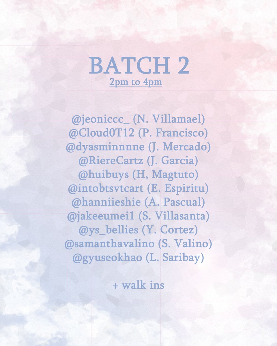 CabCaratEvents's tweet photo. We are excited to meet you all so here's the list of attendees per batch~!!
Kita kits!!
#7withSEVENTEEN #ExquisitePH https://t.co/GYsA3mvwpc
