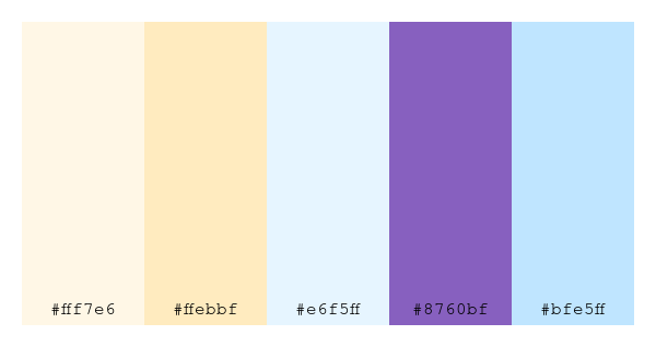 ColPaletteBot's tweet photo. Beep beep, here's a pretty color palette for you!
color-scheme.js parameters used:
- hue: 74
- variation: light
- colors: #fff7e6, #ffebbf, #e6f5ff, #8760bf, #bfe5ff
Have a lovely day!
#twitterbot #colorpalette #colors #palette #prettycolors https://t.co/rtjoRcnMVl