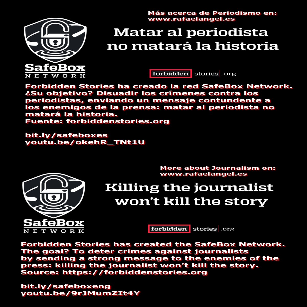 ⚠️#SafeBox #Network #SafeBoxNetwork #Enemies of the #press: #killing the #journalist won’t kill the story. #PressFreedom #Journ
Source: @FbdnStories forbiddenstories.org
bit.ly/safeboxeng
youtu.be/9rJMumZIt4Y

More about #Journalism:
@pressnet rafaelangel.es