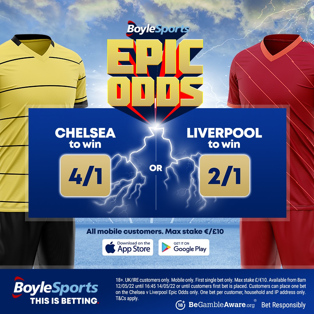 BoyleSports's tweet photo. 🤑 WIN A €/£20 FREE BET!

🔁 RT &amp; REPLY with the First Carded Player in Chelsea v Liverpool in the FA Cup final today!

📲 Epic Odds 👉 https://t.co/72ycXcf8XK

#CHELIV #FACupFinal https://t.co/XVAyKqzGeS