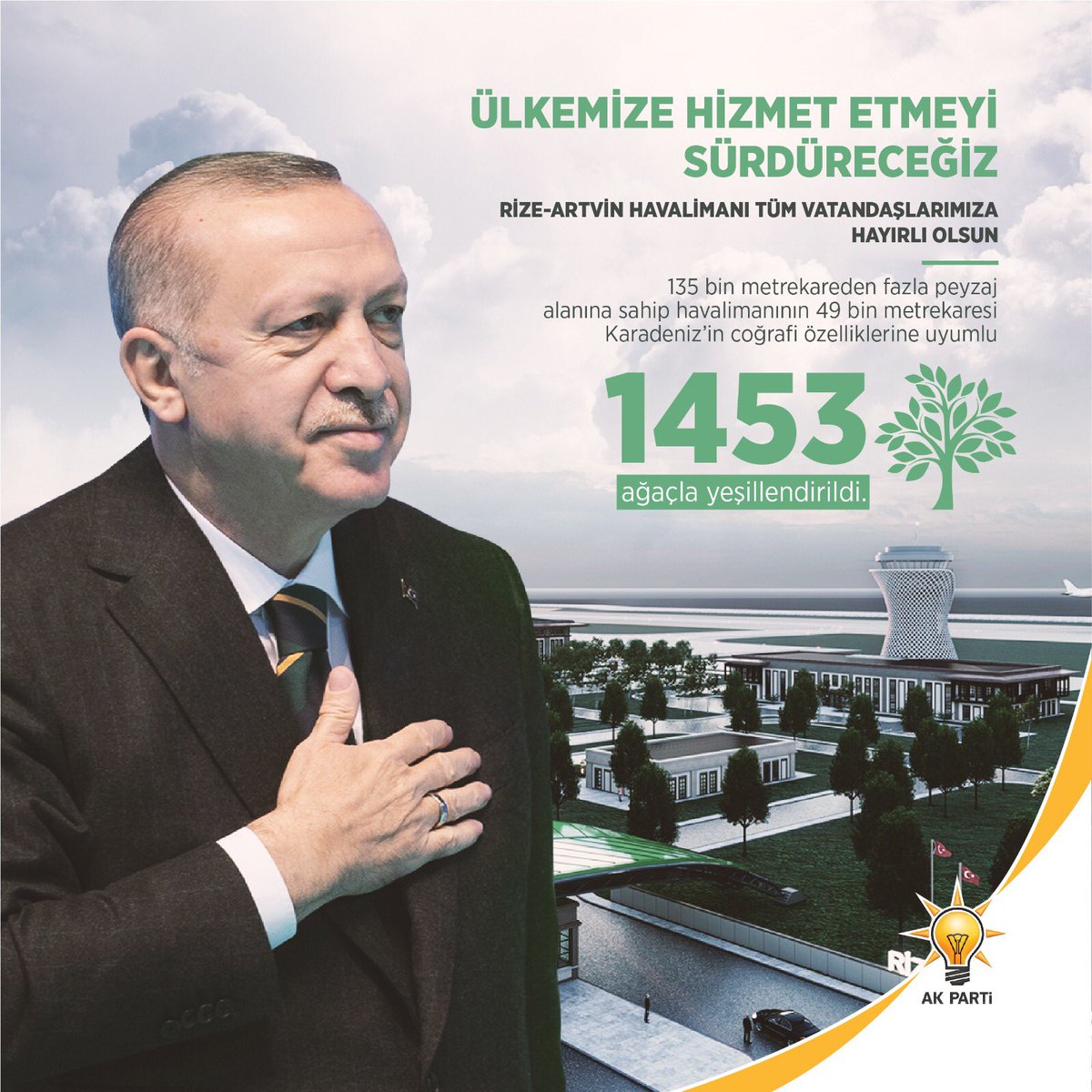 Ülkemize hizmet etmeyi sürdüreceğiz.
Rize-Artvin Havalimanı tüm vatandaşlarımıza hayırlı olsun.

135 bin metrekareden fazla peyzaj alanına sahip havalimanının 49 bin metrekaresi Karadeniz’in coğrafi özelliklerine uyumlu 1453 ağaçla yeşillendirildi.

#RizeArtvinHavalimanı