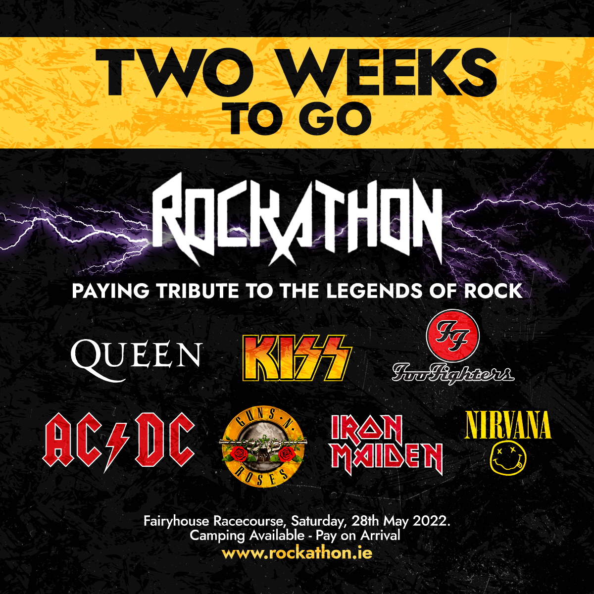 𝗢𝗡𝗟𝗬 𝗧𝗪𝗢 𝗪𝗘𝗘𝗞𝗦 𝗧𝗢 𝗚𝗢 🤘🏼🎸 Will you be in Fairyhouse Racecourse for an unbelievable day of rock music on Saturday, 28th May? #Rockathon #Rockathon2022 #RockFestival