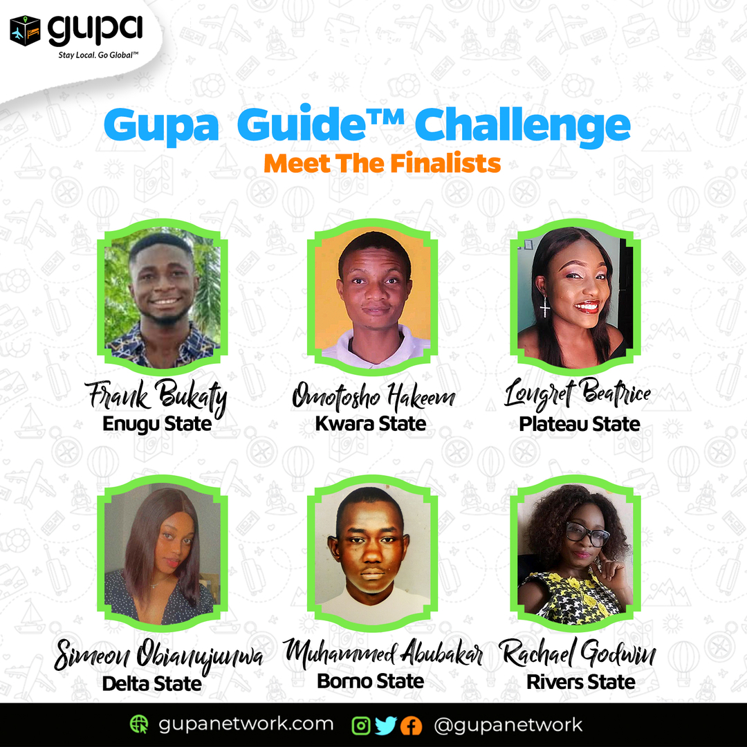 gupanetwork's tweet photo. Here are the finalists! (3/4)

Say hello to your favourites in the comment section. 

The challenge begins on the 22nd of May.

We are excited and cannot wait for this to start.

Here we go! 

#Gupa
#GupaNetwork
#GupaGuide
#GuestsPassengers
#Travelserviceproviders #travel #trav https://t.co/1zcdEGyGMU