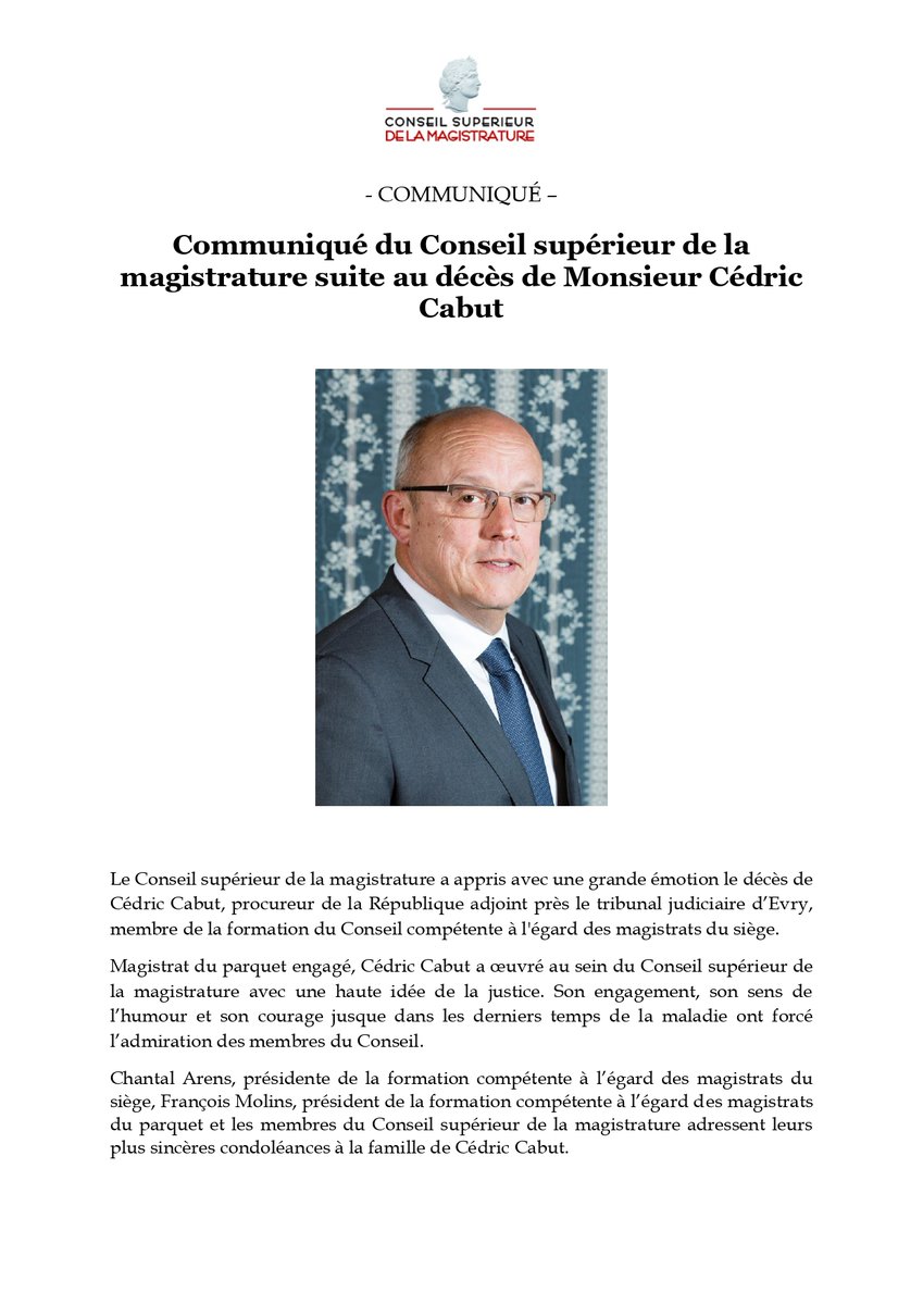 Communiqué du Conseil supérieur de la magistrature suite au décès de Monsieur Cédric Cabut