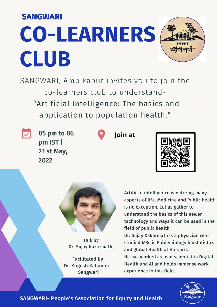Sangwari Surguja is inviting you to a scheduled Zoom meeting.
Topic: "Artificial Intelligence"-The Basic &amp; Application to Population Health
Time: May 21, 2022 05:00 PM India
Join Zoom Meeting
us06web.zoom.us/j/88022000154
Meeting ID: 880 2200 0154