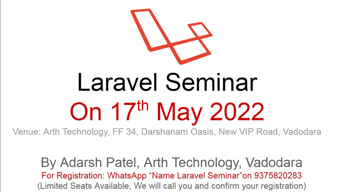NeetiDarji's tweet image. Join the seminar free of cost with hands on training in laravel.
#Laravel
#laraveltraining
#handsontraining
#vadodara
@ArthTechno , @PatelAdarsh
@jhanvipatel132,@Divyani_Mistry