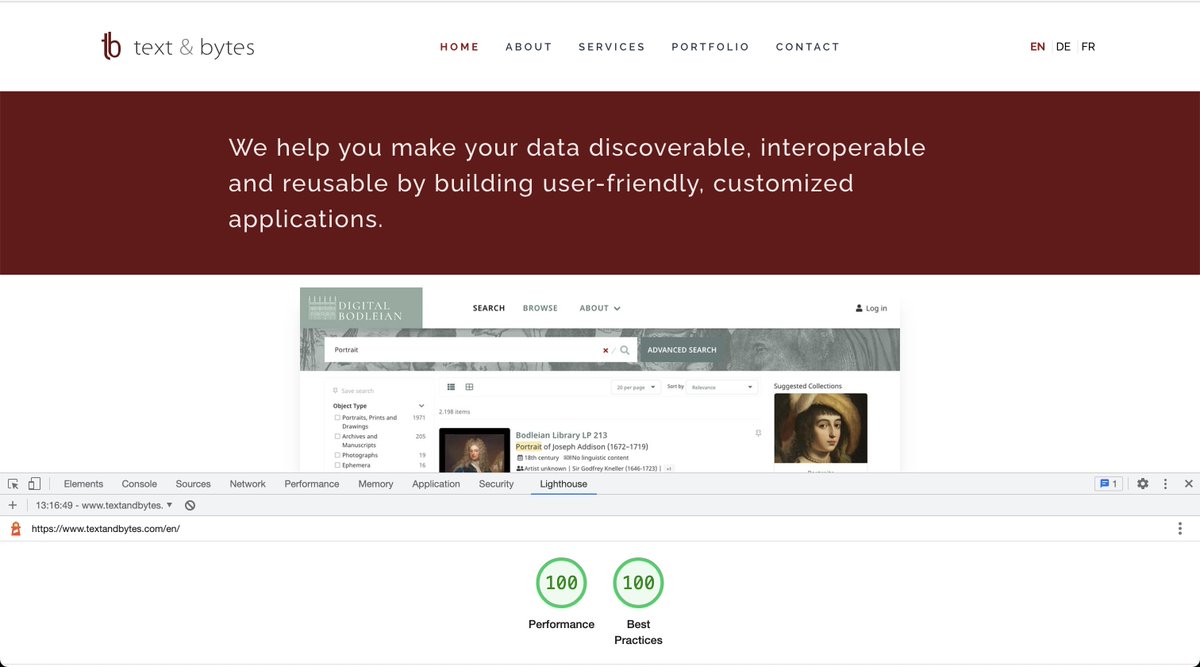 textandbytes's tweet image. Chrome Lighthouse score – Performance: 100/100, Best Practices: 100/100. Optimizing a website for performance is always a good idea. Thanks to @nuxt_js and @Netlify for a great developer experience (and Chrome Lighthouse for an awesome testing tool)!