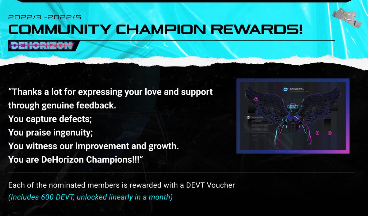 We have announced a new bunch of 🏆 Champion roles and rewards for our outstanding community contributors during DeVerse Internal Beta II.

👇 Check out our Discord for details: discord.gg/dehorizon