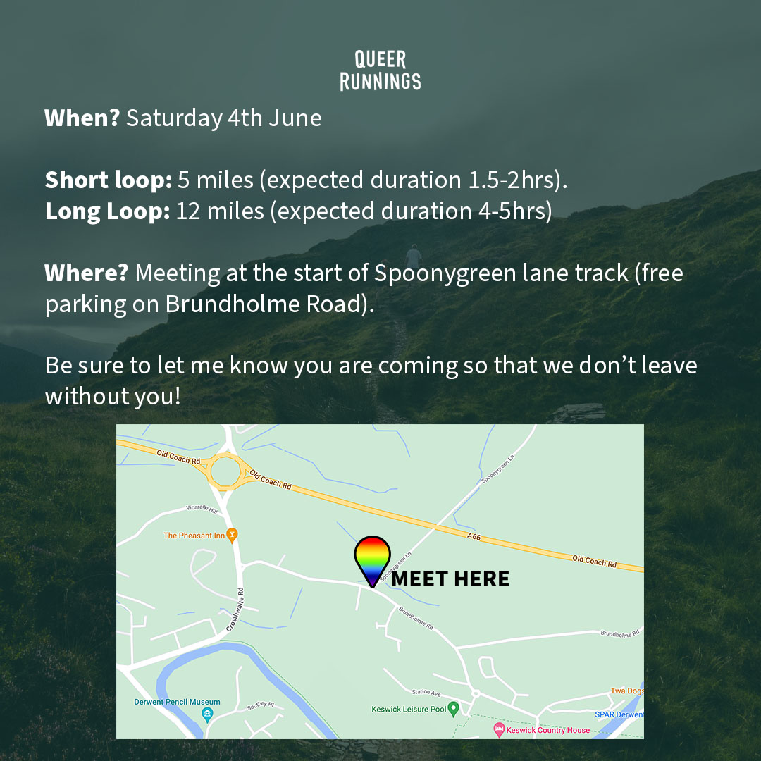 QRunnings's tweet photo. Queers only trail run in the Lake District! 🏳️‍🌈  Sat 4th June at 11am.  Short and long loop options.  No runner left behind!  Non members welcome. FREE TO ALL. #queerrunner #lgbtqrunner #queeroutdoors https://t.co/CthiECmlus