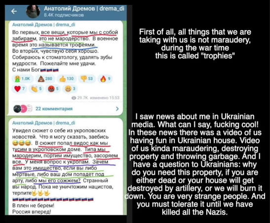 KremlinTrolls's tweet photo. Russian military blogger and invader explains on his Telegram why Russians are known for looting civilians: https://t.co/TV6ZC8rbTq