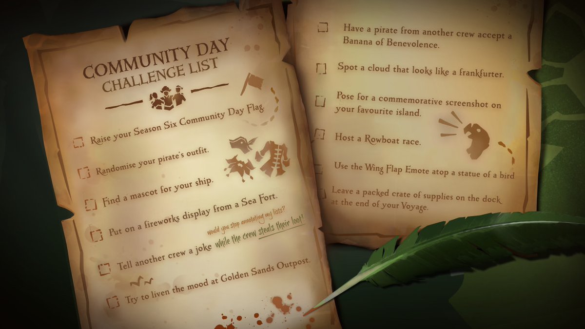 texugas1383's tweet photo. Today, me and my crew are checking off every challenge for the #SeaOfThievesCommunityDay ✅

I'd like to nominate them (@CaptVillaaaar @Rodrallen  @zghosttyy).

Now let's #BeMorePirate and complete this list! https://t.co/CnsnIueGqq