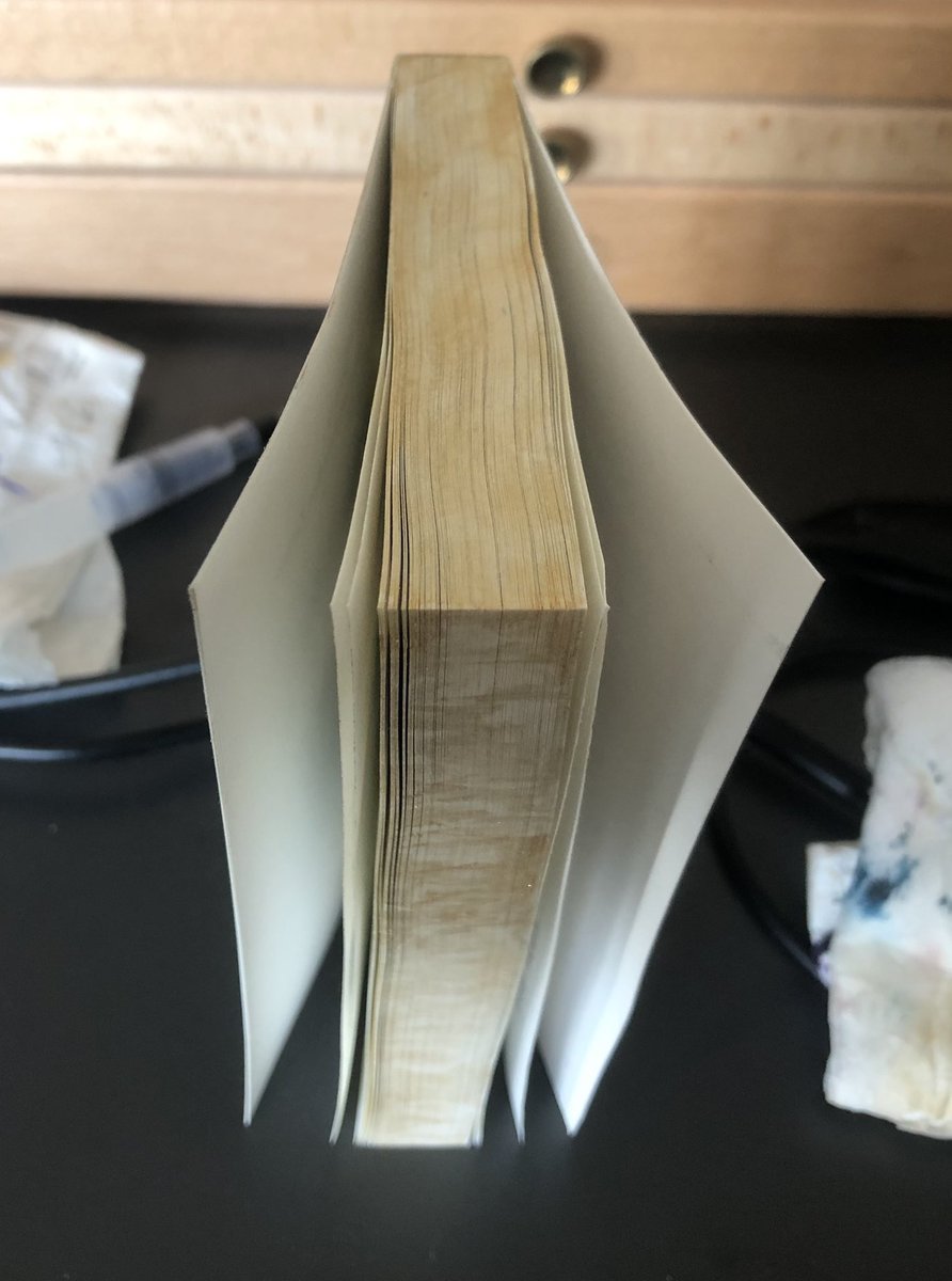 ypical_writer's tweet image. Also nun zur eurer Erheiterung!
Ich nenne das ~~wild_aber_ehrlich 😆
Die Seiten kleben weniger zusammen als gedacht. Die Kanten innen sind goldfrei (Beschwerung war demnach ausreichend), und das Muster … nun ja. Cloeffhê hat viel Wasser 😂
(Evtl. mal mit Acryl vers)
#JuneStyle