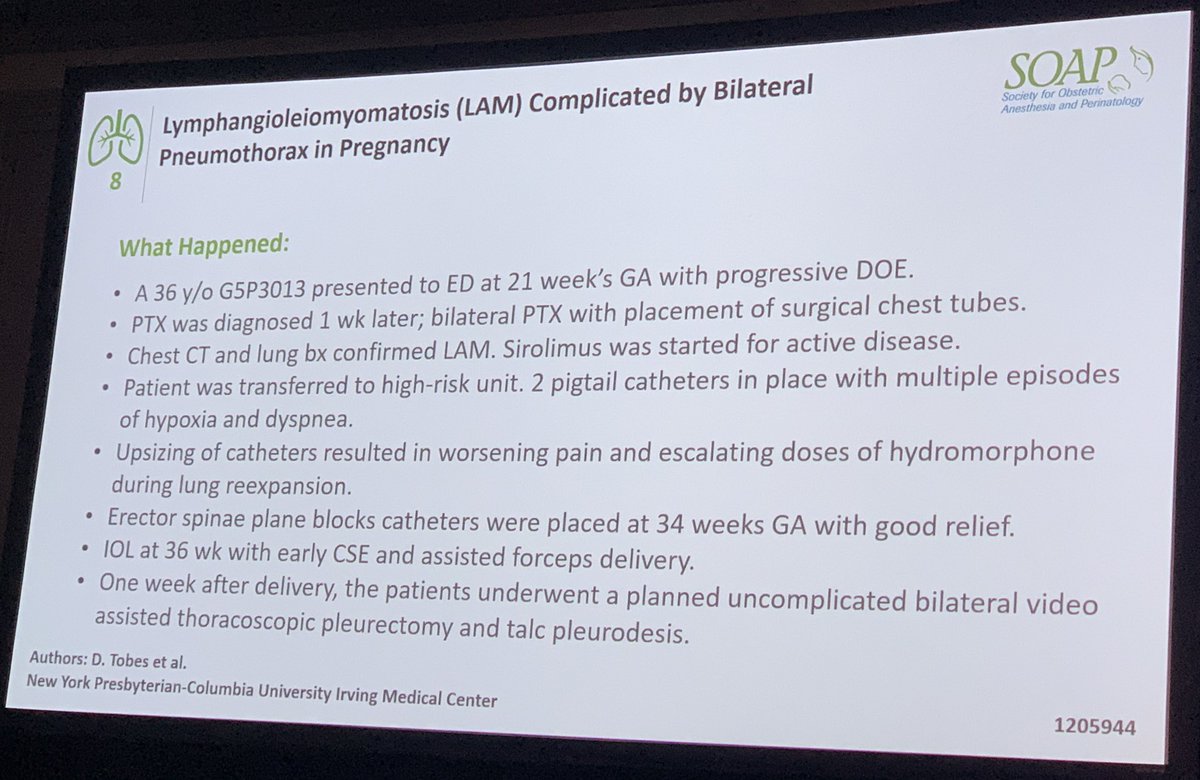 ruthi_landau's tweet photo. #SOAPAM2022 
#BestCaseReport 

#Case8 
#LAM presented by @ColumbiaObAnes @danieltobes 

(Patient provided written consent for her case to be presented at @SOAPHQ)

Thank you to our #ObAnes fellows Drs. Kim, Thompson &amp; Tobes for their outstanding care 🙏🏻 https://t.co/OtopMOB9wv