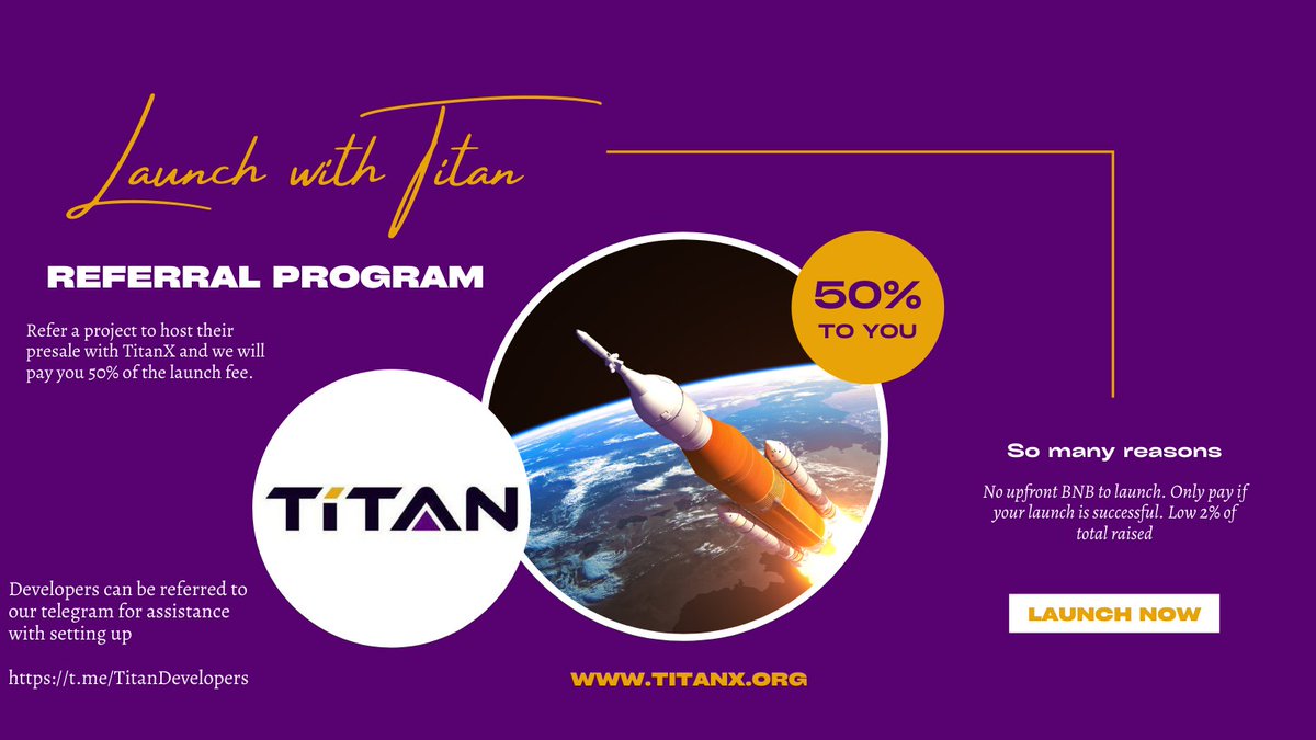 Refer a #crypto project to #launch with us and earn 50% of the #launch fee.

#TitanX #Launchpad #Defi #ICO #IDO #DEX #Coin #Token #Crypto $TitanX #giveaway #whitelist #presales #launch #LaunchWithTitanX #referralprogram #refferalbonus #bonus #referral #cryptoproject #project