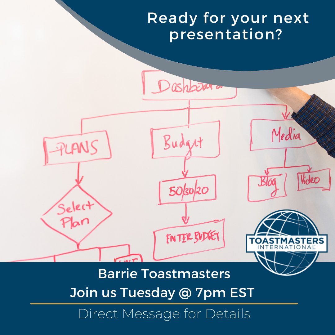 BarrieTMClub's tweet photo. Join us this Tuesday at 7pm EST for our Barrie Toastmasters meeting, #Toastmasters #publicspeaking #FutureReady #leadership #presentationskills #teamwork https://t.co/4d3llvJ6de