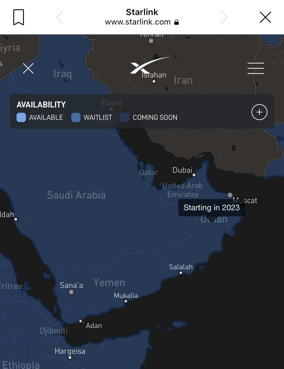 #سلطنة_عمان و #اليمن :2023 موعد توفر خدمة ستارلينك للانترنت الفضائي التابعة لشركة <a href="/SpaceX/">SpaceX</a> المملوكة لرجل الأعمال الأمريكي أيلون ماسك تكلفة الجهاز الهوائي والمودم  500 دولار، الاشتراك الشهري: 99 دولار، وبسرعات تنزيل تتراوح بين 100 ميجا بايت / ثانية و 200 ميجا بايت / ثانية.
