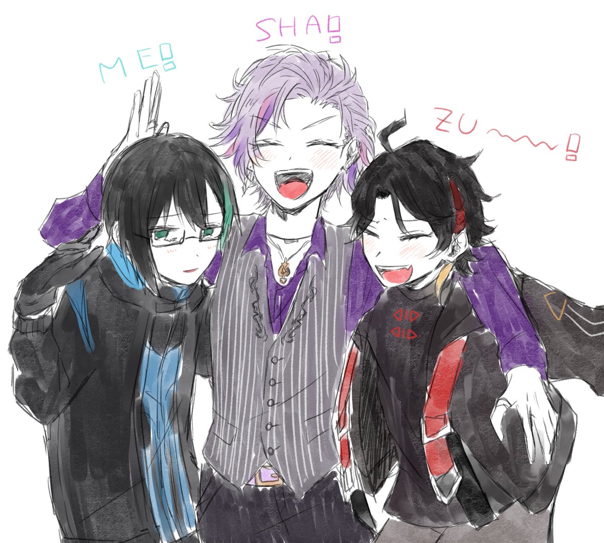 「なかよしめしゃず!笑顔が描きたかったらくがき。#メッシャーズ #灰画 #さ絵ぐさ」|サザンカ@にじそ7サークル参加🌞のイラスト