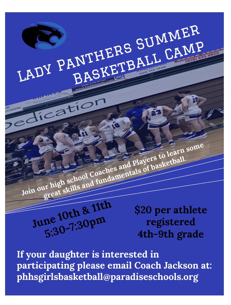 GirlsBoosters's tweet photo. 📣ATTENTION all incoming 4th-9th grade girls!! Join some of our Region Winning Lady Panthers and Coaches for this 2 day Summer Camp coming in June. Contact Coach Nate to sign up phhsgirlsbaskerball@paradiseschools.org 🏀 https://t.co/tFGmSrAOom