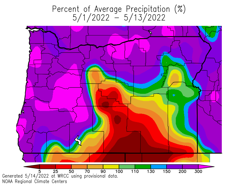 NWSPortland's tweet photo. It goes without saying, the first two weeks of May have been wet in western Oregon and SW Washington. The image shows the May departure from normal rainfall. Some coastal areas and portions of the north and central Oregon Cascades have had over 300% of normal. #orwx #wawx #pdxtst https://t.co/3iiar1jCaZ