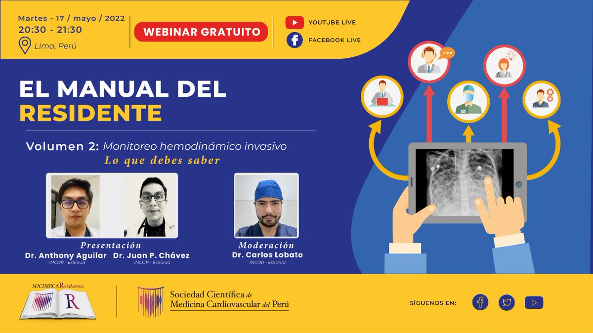 socimecar's tweet photo. Monitoreo hemodinámico invasivo... Paso a paso.
#webinar "El manual del residente"
📆 martes 17 de mayo
⏰ 20:30 h (PER)
Solo por @socimecar Youtube y Facebook
#CardioTwitter @APCyCCV @CpaolaParedes @Joma284 @renecardio4 @danielespalva @manuelchacon202 https://t.co/9EzI28ThEC