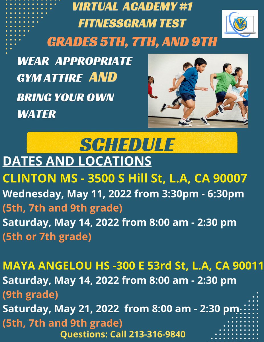 5th, 7th and 9th graders! Don't forget that today you can go to Clinton Middle School or Maya Angelou High School to complete your Fitnessgram test!