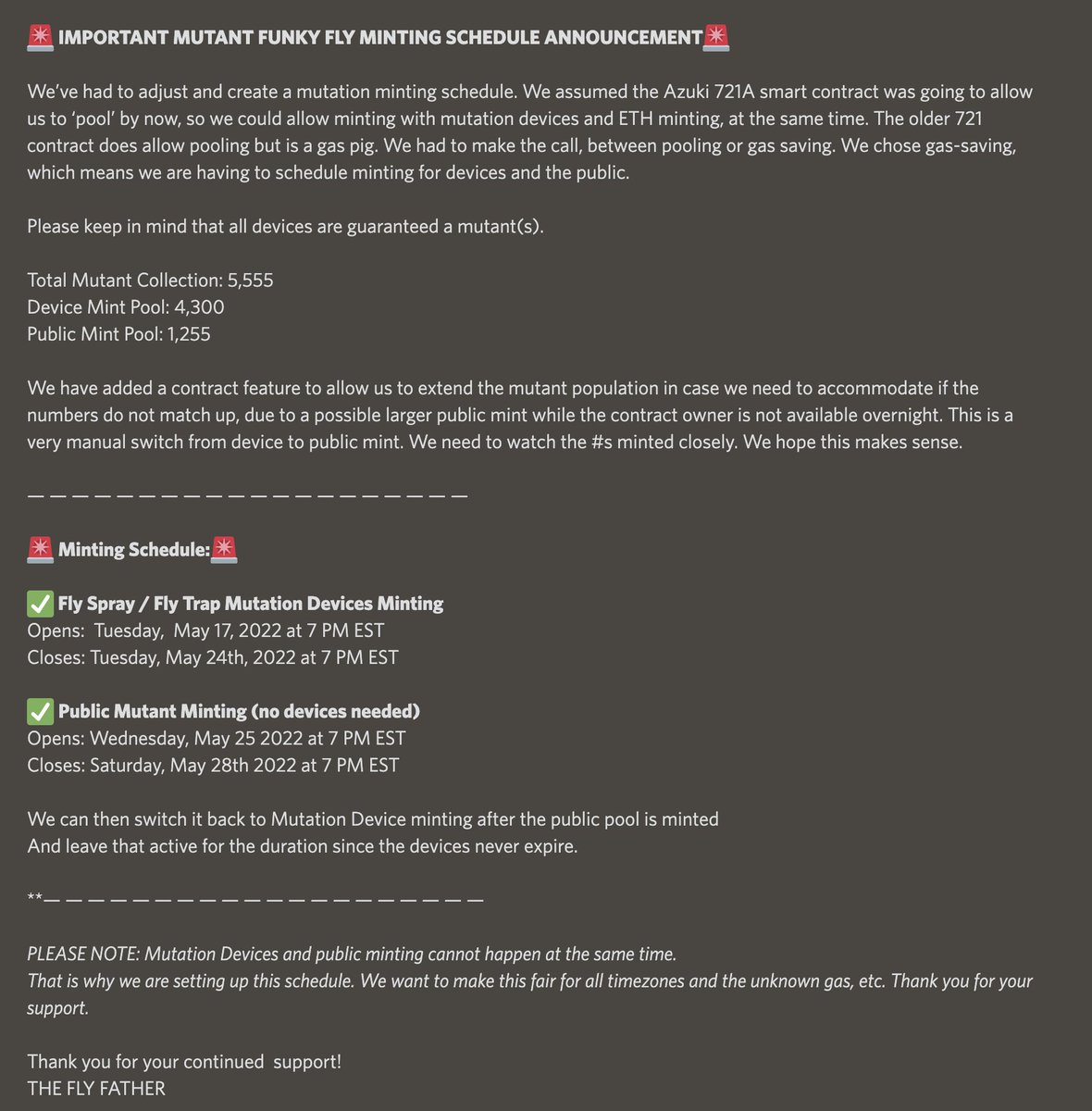 🚨 IMPORTANT MUTANT FUNKY FLY MINTING SCHEDULE ANNOUNCEMENT🚨 Thank you for your support!! Cannot wait until this #mofos hatch!! #zzz 🤙🚨🔥🪰🙏