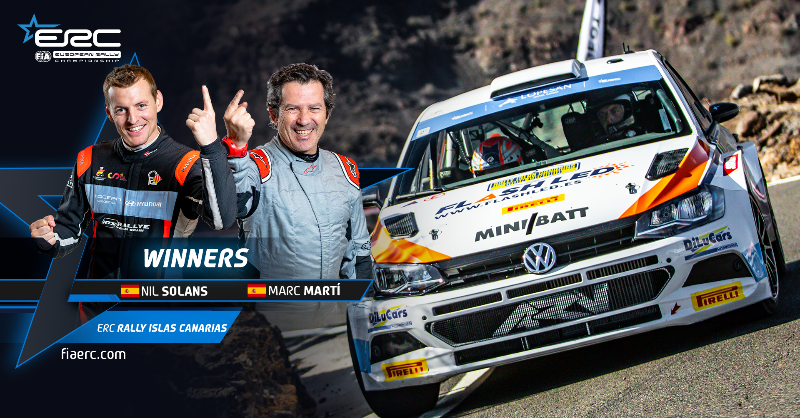FIAERC's tweet photo. BREAKING: It’s victory for @NilSolans &amp; @MarcMarti_wrc on @RIslasCanarias! 🏆👏

#RallyIslasCanarias | #FIAERC | #ERCLive