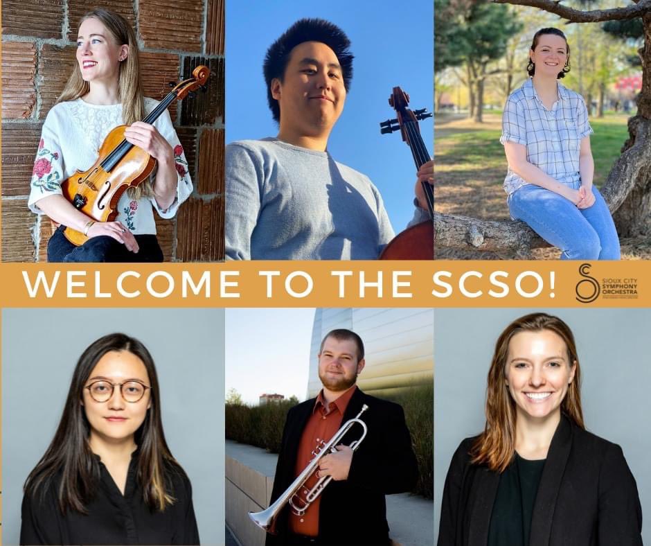 Congrats new musicians! Joy Holz,viola (top left), Tervor Petersen,cello (top center), J Holzen,cello (top right), Liya Ma,associate principal second violin (bottom left), Andrew Stadler,third trumpet (bottom center), and Madeleine Wething,assoc. concertmaster (bottom right).