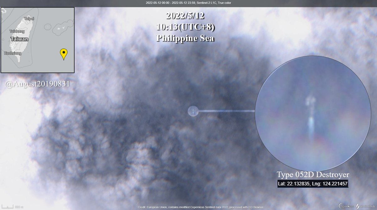 August20190831's tweet photo. Probably a #PLAN #Type052D Destroyer belonging to the aircraft carrier Liaoning was spotted in the #PhilippineSea on May 12.
Although it was released two days late, thank you very much for letting us use it for free. @sentinel_hub https://t.co/ZSzkByLTFM