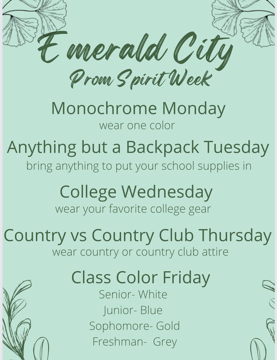 YAYAYA 1 week till Prom! To celebrate, we will have a Prom Spirt week leading to the big day! Starting THIS Monday wear your best Monochrome outfit!

Themes Below 👇