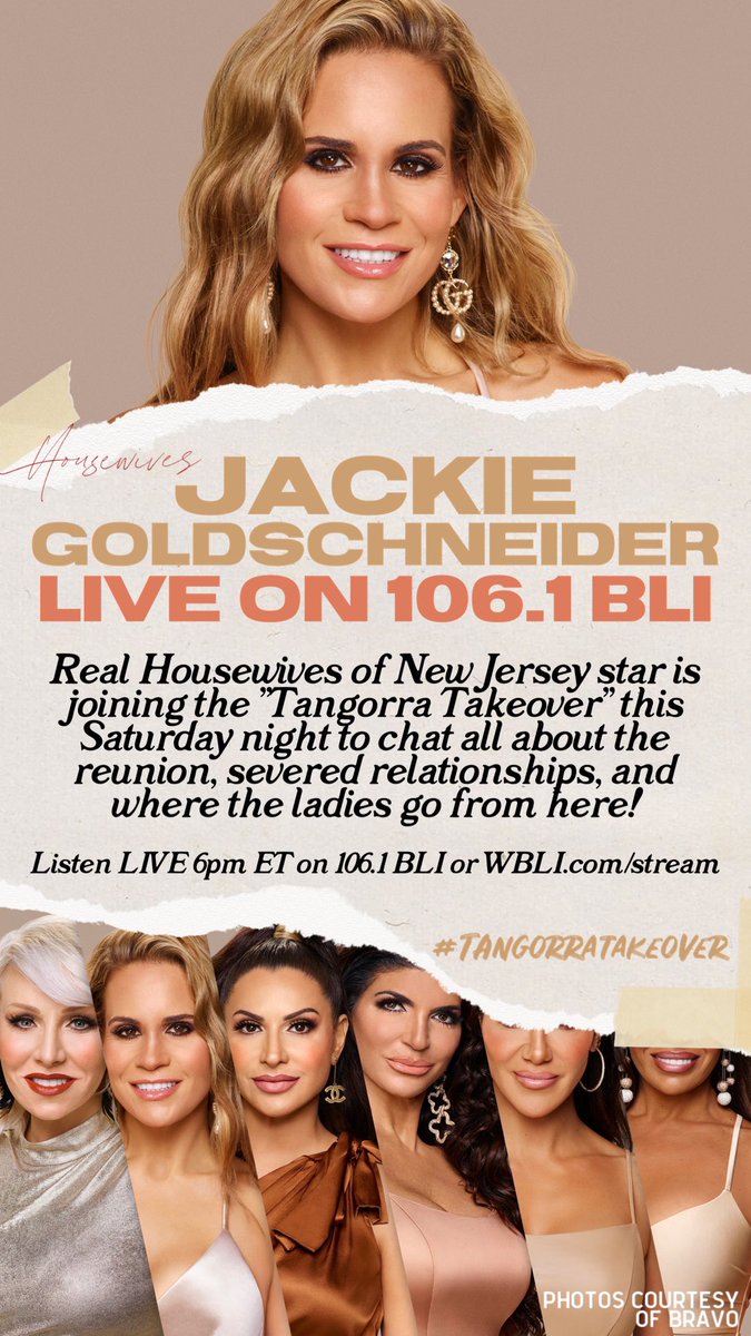 Calling all #RHONJ Fans! Jackie Goldschneider is calling into the #TangorraTakeover tonight at 6pm ET! Don’t miss it! Listen live on 106.1 BLI or stream on WBLI.com/stream ! 

<a href="/JGSchneid/">Jackie Goldschneider</a> <a href="/nicktangorra/">nick tangorra</a>