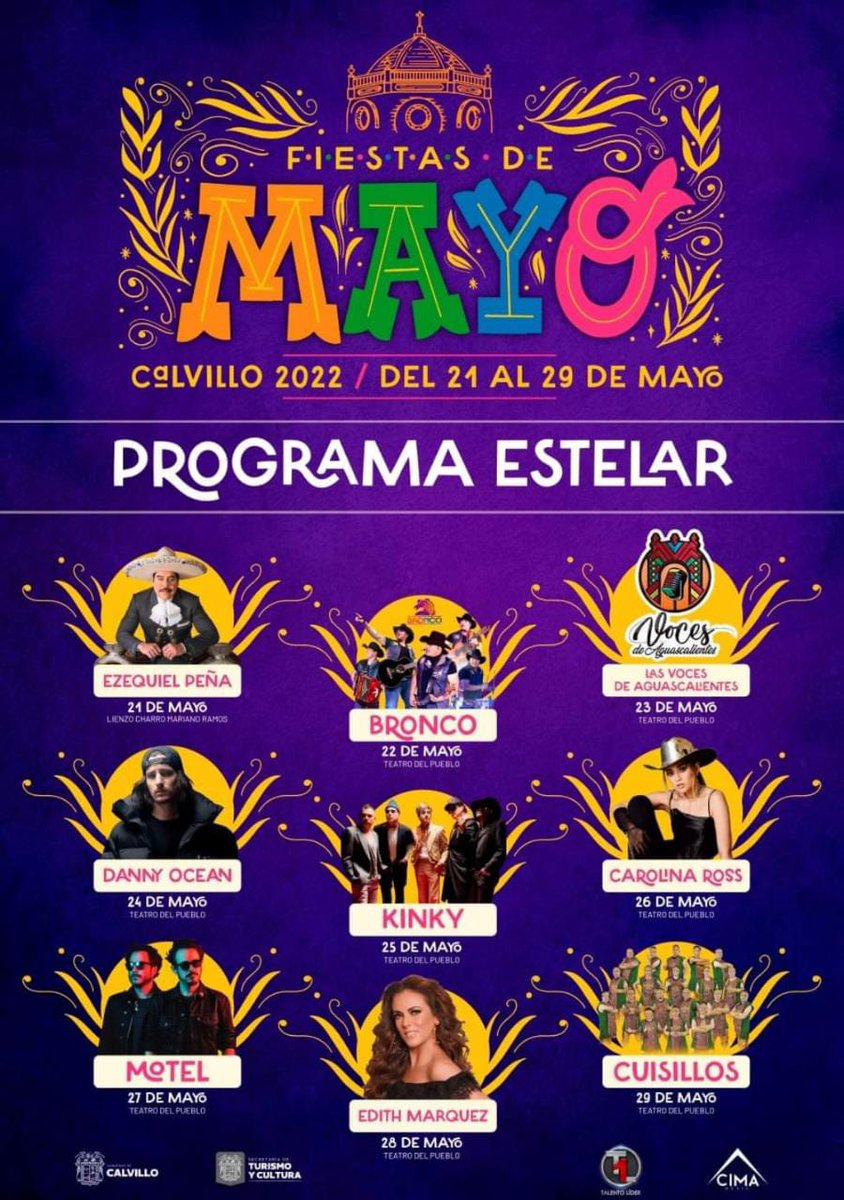 #Calvillo nos invita a sus #FiestasdeMayo2022 donde su #programaestelar está espectacular, podrás disfrutar de artistas como #ezequielpeña #Bronco #vocesdeaguascalientes #DannyOcean #kinky #CarolinaRoss #motel #EdithMarquez #Cuisillos y que siga la fiesta en #Aguascalientes!!!!