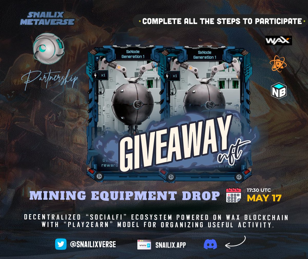🎁 #NFTGiveaway collaboration with Snailix Verse #NFTGame Let's go!

2 X Winners of SxNode Generation 1

⦿ Follow <a href="/snailixverse/">SnailiX Metaverse</a> &amp;  Me
⦿ ❤️-RT &amp; Tag 3 Friends
⦿ Join discord discord.gg/Ab2TEqCPEd
⦿ ✍️comment #WAXP wallet and discord ID
 
⏱️ Ends 72 hours