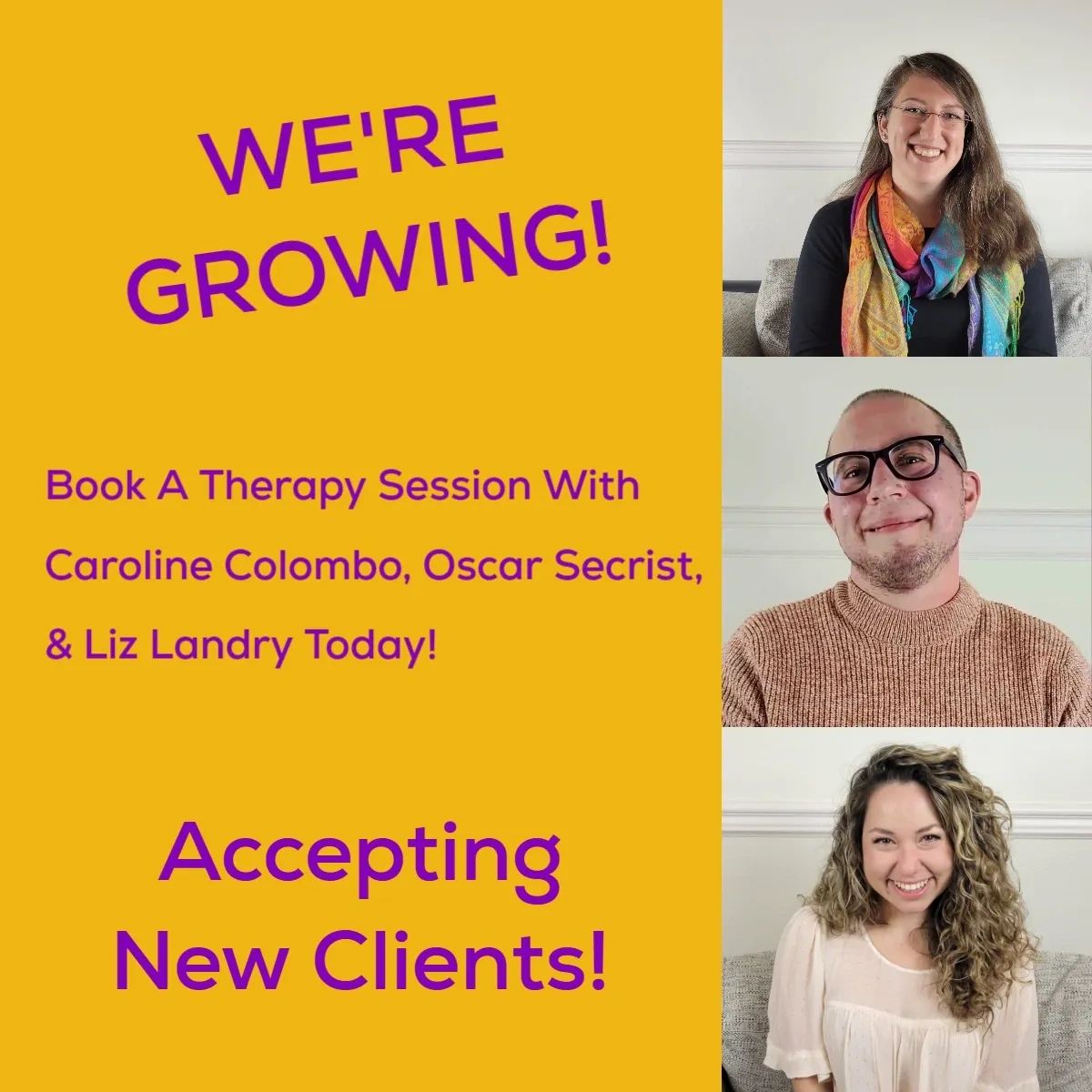 OptimismCouns's tweet photo. Big welcome to Optimism's newest therapists! Caroline, Oscar, and Liz each bring years of experience and dedication to providing quality mental health therapy. They have appointments available this week! Book today before their slots are full! https://t.co/LXyNHwGqPP