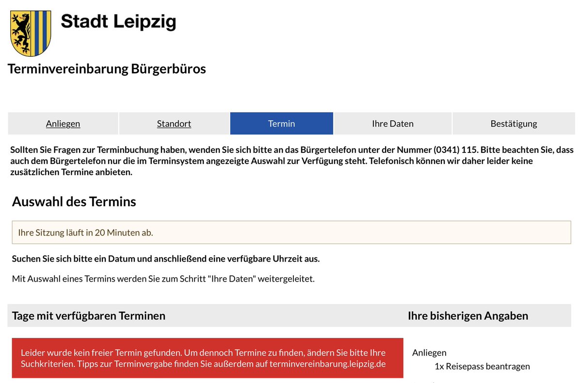 rbarthel's tweet photo. Bin bestimmt der Einzige, dessen Reisepass abläuft. Zu Beginn der Reisezeit gibt’s in #StadtLeipzig in keinem Bürgerbüro einen freien Termin. https://t.co/93tzFVFQBs