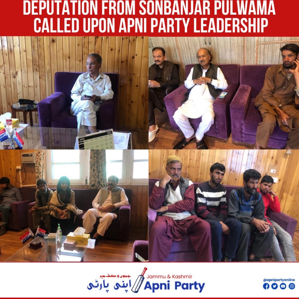 Apnipartyonline's tweet photo. Deputation from #Sonbanjar Pulwama called upon Former Cabinet Minister and Apni Party Senior Vice President @GhmirHassan over #fudging of forest land done by the local contractors in the area.
..
#jkap #apnipaty #altafbukhari #ghmir #pulwama #forestland #srinagar #kashmir https://t.co/fdx1hz3y6f