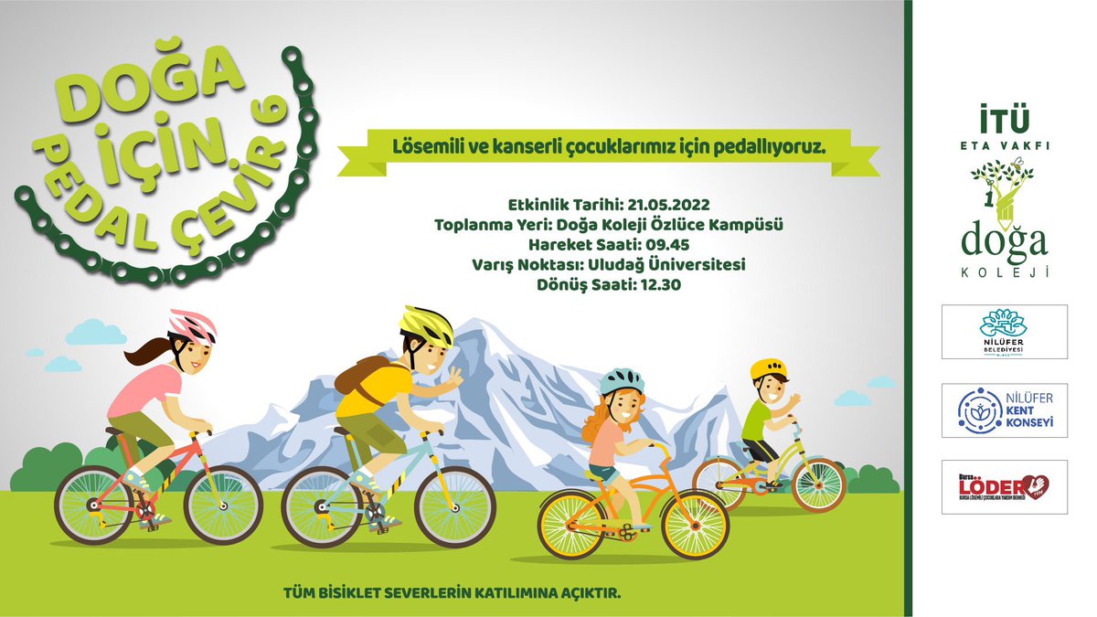 Bursa Özlüce Kampüsümüz tarafından bu yıl 6.’sı düzenlenen “Doğa İçin Pedal Çevir” projesi, 21 Mayıs Cumartesi günü tüm bisiklet ve doğa severleri bir araya getiriyor. #dogaiçinpedalçevir #lösemiliçocuklarımıziçinpedallıyoruz