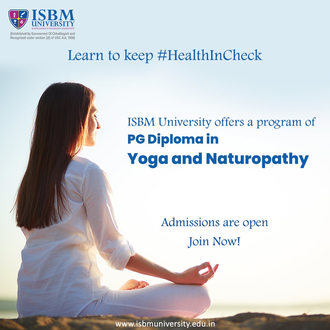 ISBMUniversity's tweet photo. A PG Diploma in Yoga and Naturopathy program is all that you need to learn to keep your #HealthInCheck
School of Yoga and Naturopathy offers practical knowledge as well as theory to grow your personality completely. https://t.co/lXTaAhDMyJ