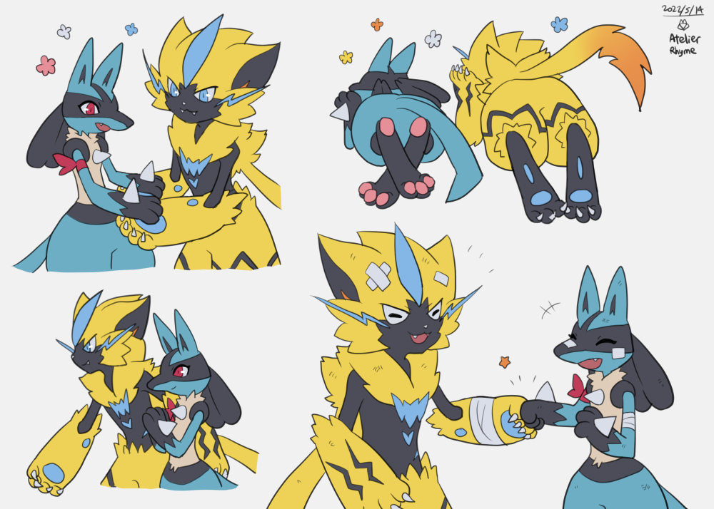 lucario pokemon (creature) furry smile open mouth yellow fur blue eyes closed eyes  illustration images