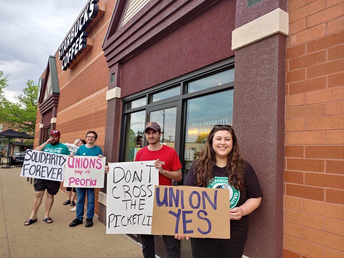 Starbucks is refusing to allow a Bradley student employed at the Campustown location to transfer to their store in Waukegan, retaliating against them for Unionizing. Workers are on strike today against the unfair labor practice. Support workers and don’t cross the picket line!