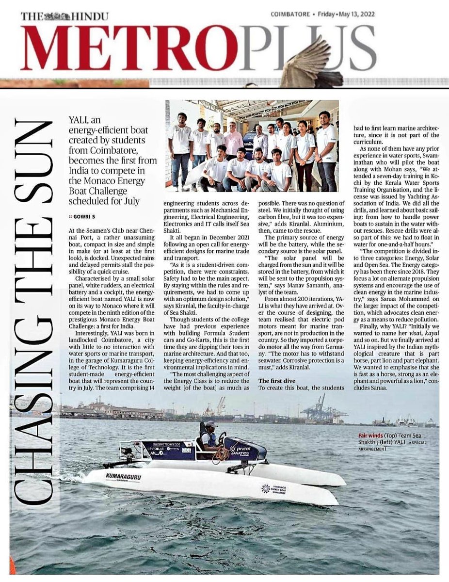 KCTOfficial's tweet photo. Yali, India's first ever student-designed energy boat built by Team Sea Sakthi of KCT Garage, English Newspaper releases.
@teamseasakthi @yachtclubmonaco
#YALI #ENERGYBOAT
#Monacoboatchallenge #SDG2030
#Kct #india #indianexpress #TheHindu #DeccanChronicle https://t.co/oYiGuPR0Br