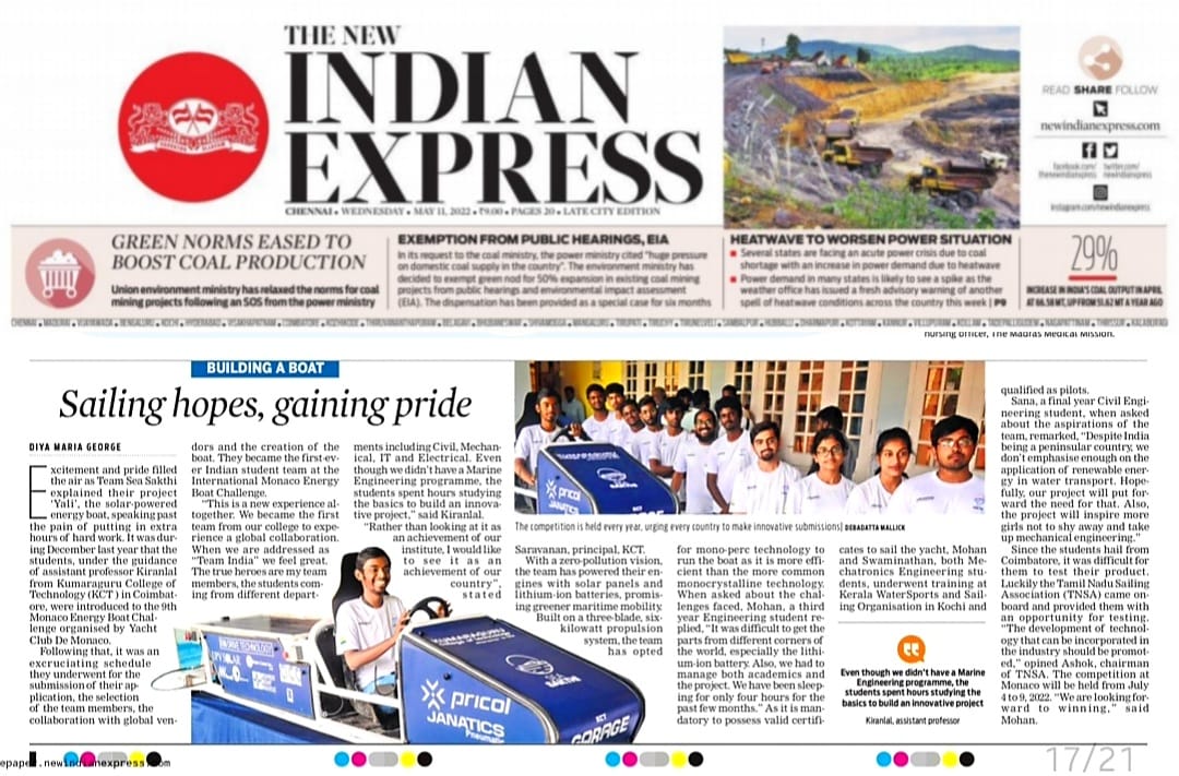 KCTOfficial's tweet photo. Yali, India's first ever student-designed energy boat built by Team Sea Sakthi of KCT Garage, English Newspaper releases.
@teamseasakthi @yachtclubmonaco
#YALI #ENERGYBOAT
#Monacoboatchallenge #SDG2030
#Kct #india #indianexpress #TheHindu #DeccanChronicle https://t.co/oYiGuPR0Br