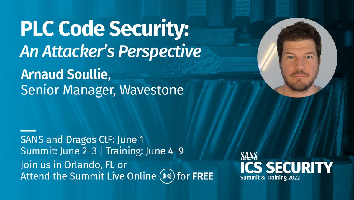 SANSICS's tweet photo. Join us at #ICSSummit when @arnaudsoullie will discuss PLC code security, the TOP20 project, and he'll demonstrate how rules can prevent or make attacks more difficult.
Learn more and register now: https://t.co/ztkHfzc24c
#ICSSecurity #ICS #PLCsecurity https://t.co/su9t7EMeuw