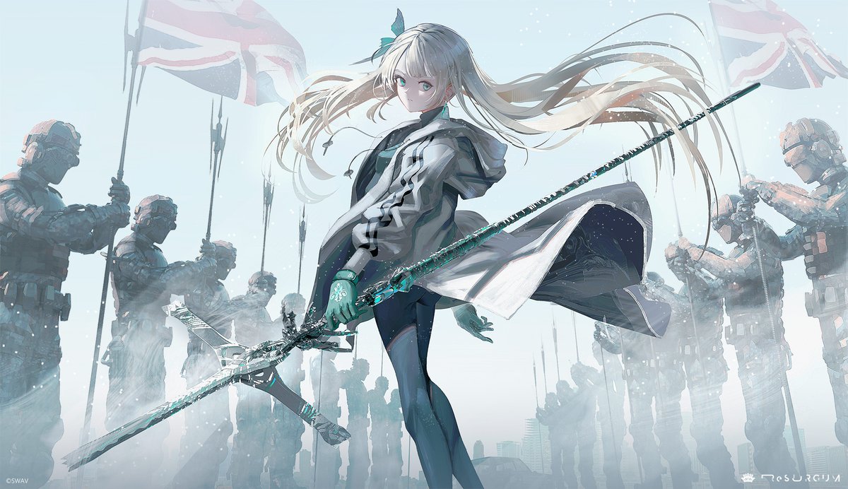 1girl weapon long hair holding weapon flag gloves holding  illustration images