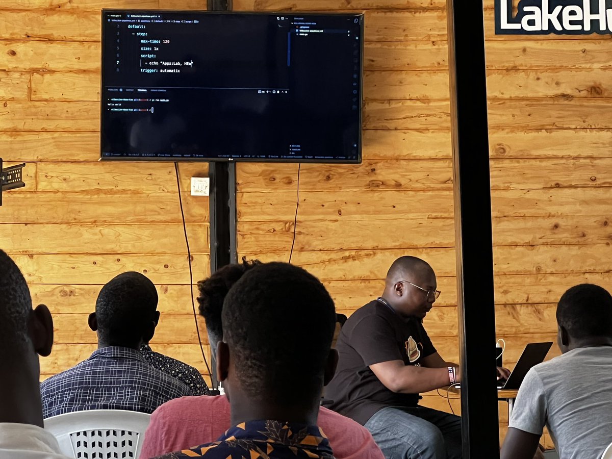 ACNairobi's tweet photo. Here is Kisumu @marvin_hosea sharing #CICD use cases and how it has evolved. @Bitbucket integration with #VMs Tocking a @resolutiongmbh tee: #fullsnackdeveloper @dagger_io @GitHubActions @github @awscloud https://t.co/F4wgluG8AL