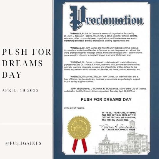 PushGaines's tweet photo. TACOMA: APRIL 19 will forever be PUSH FOR DREAMS DAY in the city of TACOMA. 
Everybody can be great because ANYBODY can serve. ❤️ https://t.co/BZ9M0kHTNY
